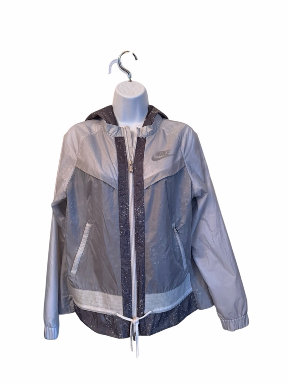Nike Windrunner Splatter Women's Grey Hooded Rain Coat Jacket size Medium